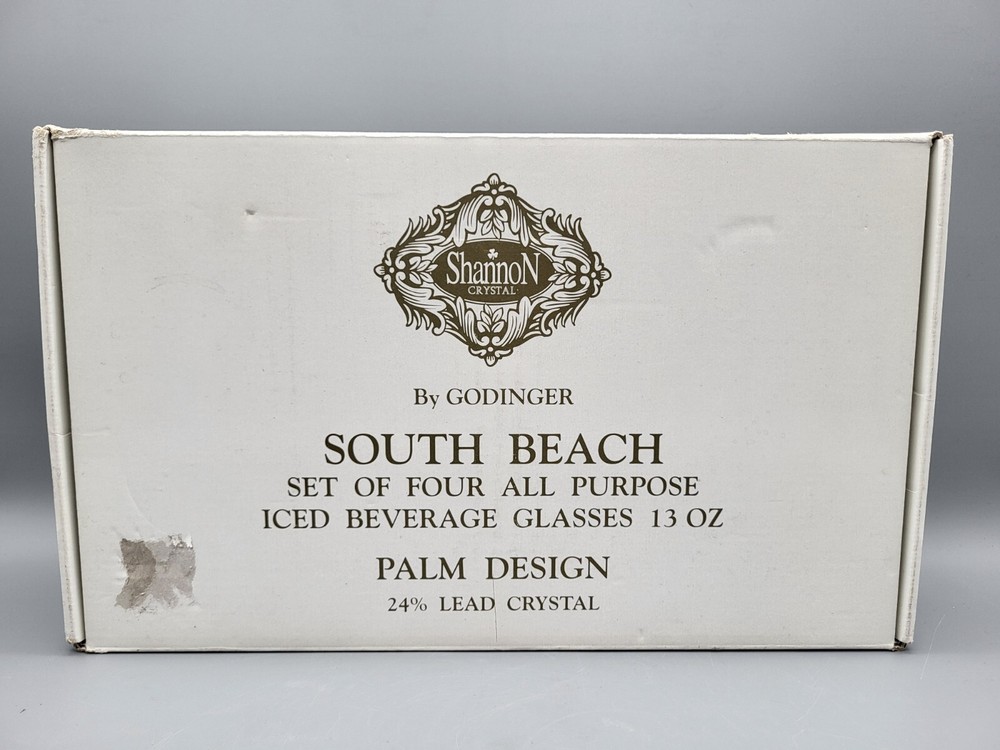 GODINGER Shannon Crystal SOUTH BEACH Palm Design 13oz Beverage Glasses Set 4 NIB