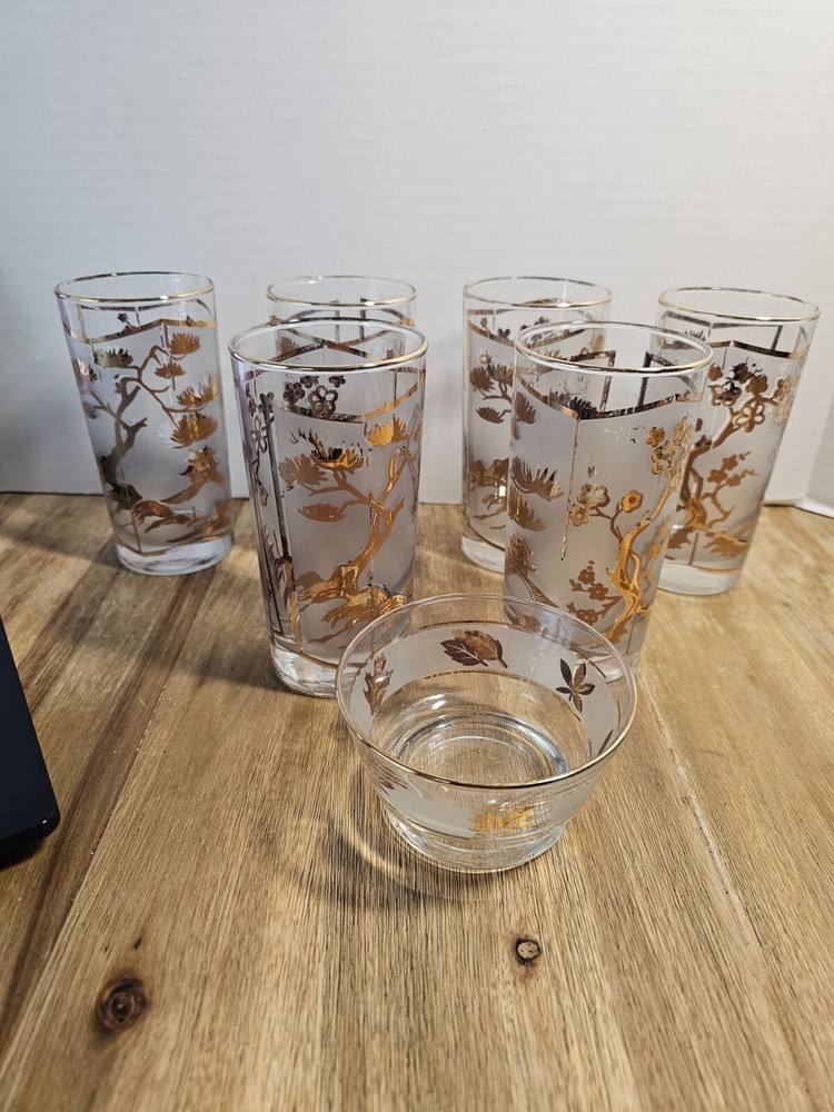Set Of 6 Vintage Gilt Gold Chinoiserie Pagoda Glass Tumbler Asian Highball & cup