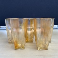 VTG Jeannette Set of 5 Iridescent Square Bottom Tumblers Peach Luster 1950s MCM