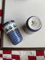Unmarked Hand Painted Polish Pottery Ceramic Tumbler Cups Set of 2 Blue