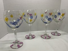 Hand Painted Clear Stemmed Goblets – Flowers & Dragonflies – 8.5” T – Preowned