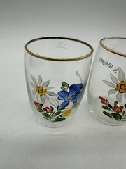 Delicate Little Swiss Juice Glasses «St. Wolfgang» Floral with Gold Trim on Rim