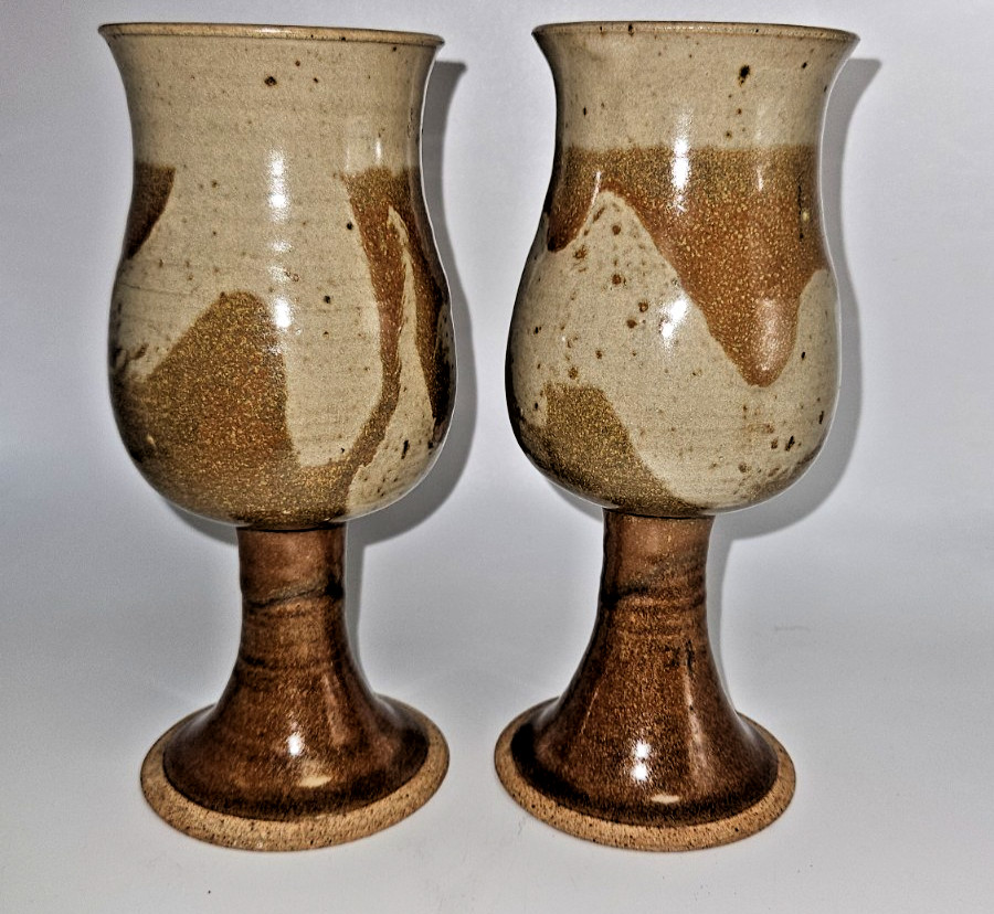 2 Studio Art POTTERY Handmade Stoneware Wine Glass GOBLET Tulip Shape Lt Tan