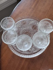 Vintage Tiara Sandwich Glass Wine Decanter+ 5 Wine Glasses+Platter-Crystal Clear