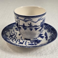 Vintage Blue White Transferware Tea Cup & Saucer Windmill Landscape Scene