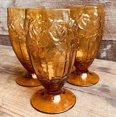 Ice Tea Glasses Amber Brown Drinkware Set of 3 Raised Rose Pattern Tableware