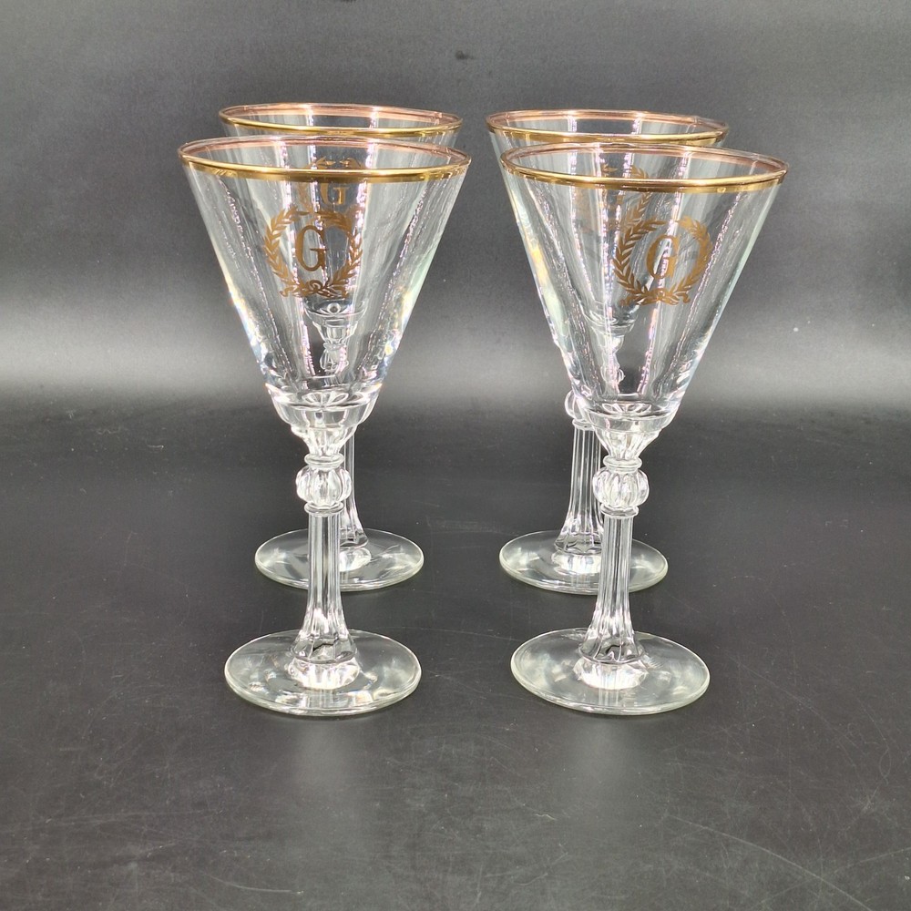 Set of 4 G Monogram Glass Water Goblet 7.75″ Tall Gold Trim