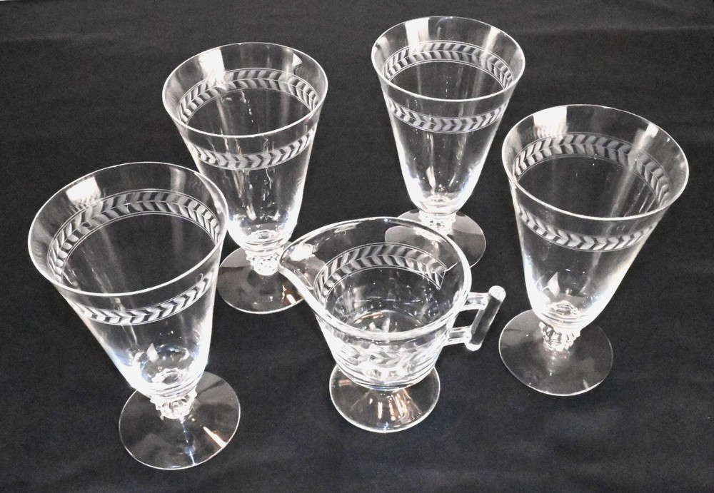 Anchor Hocking, Fostoria Laurel pattern crystal glasses 4@6″ + 1 crystal pitcher