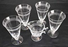 Anchor Hocking, Fostoria Laurel pattern crystal glasses 4@6″ + 1 crystal pitcher