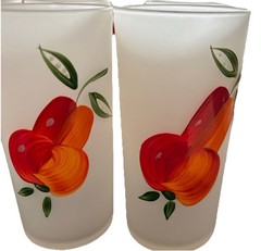 8 Vntg Federal Frosted Fruit Vegetable Juice Glass Set W/Wooden Carrier 1950’s