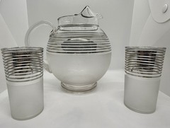 Vintage Mid-Century Froster Glass Pitcher & 2 Highball Glasses Silver Stripe