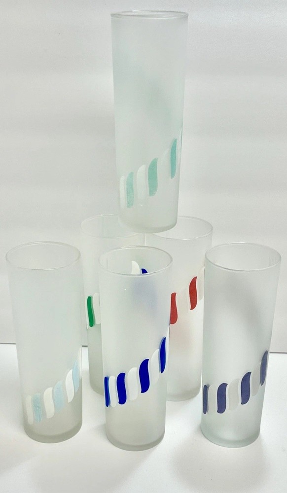 Libbey Frosted Candy Stripe Tom Collins Barware Glasses Set of 6 MCM 1970s VTG
