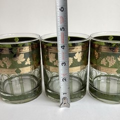 Vintage Cera Double Old Fashioned Glasses 3 Gold Green Grapevine Column Cocktail