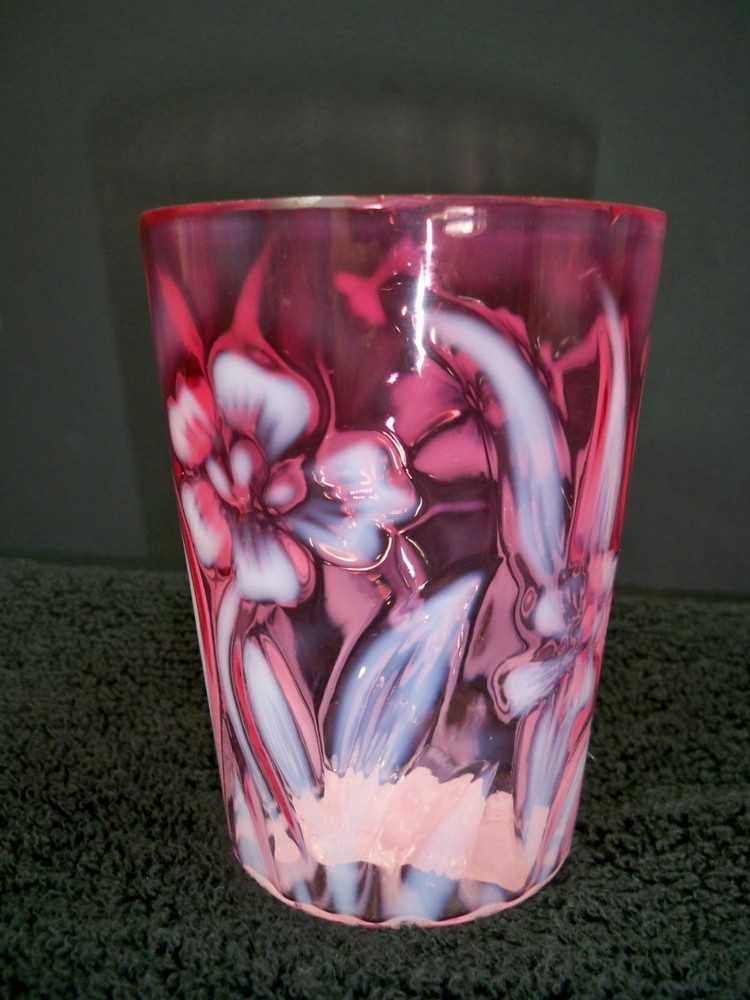 Rare Northwood Daffodils Opalescent Glass Cranberry Tumbler Victorian Antique