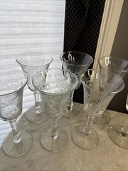 7- Vintage Wisteria Floral Vine Motif 8″ Tall Wine Glasses- Eleg. Twist Cut Stem