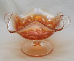 Dugan Question Marks Two-Handled Footed Bonbon in Marigold Carnival Glass