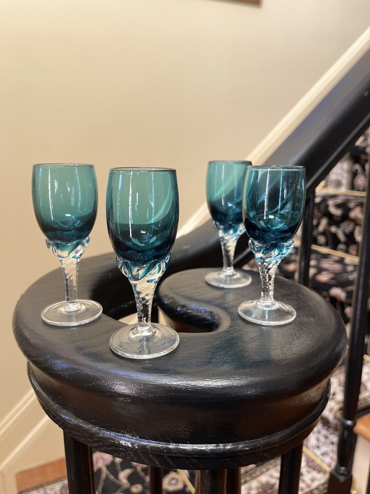 Empoli Italian Teal Blue cobalt twisted stemware 4 Stem Cordials Glass Set 4”