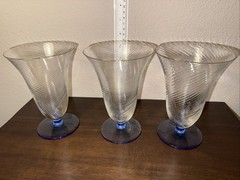 Vtg Swirled Optic 1930’s Blue Footed Wine/Cocktail Glasses Set of 3- By H R Fry