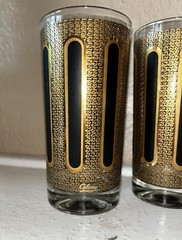 Vintage Colony High Ball Glasses w/ caddy signed MCM Black And Gold