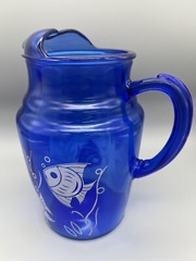 Rare Hazel Atlas Cobalt Blue Pitcher 86 oz White Angel Fish Vintage 1930’s VGC!