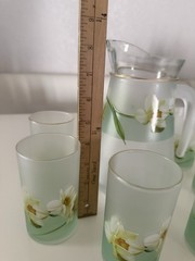 VTG KIG Indonesia Brilliant Frosted Juice Glasses & Pitcher Daffodil Floral