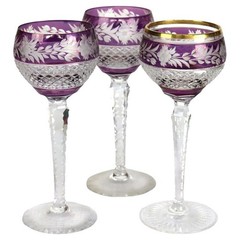 Bohemian Amethyst Floral Cut To Clear Crystal Stemmed Wine Goblets