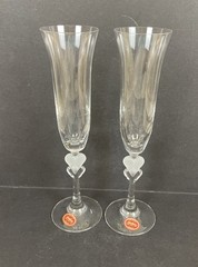 2 Gorham Amore Heart Champagne Toasting Flutes Frosted Crystal 10” Germany