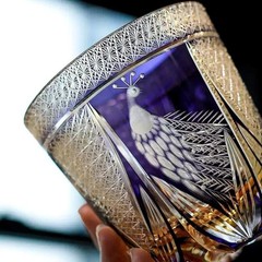 Edo Kiriko Emerald Green Peacock Whiskey Glass, Handcrafted Crystal High-End Cup