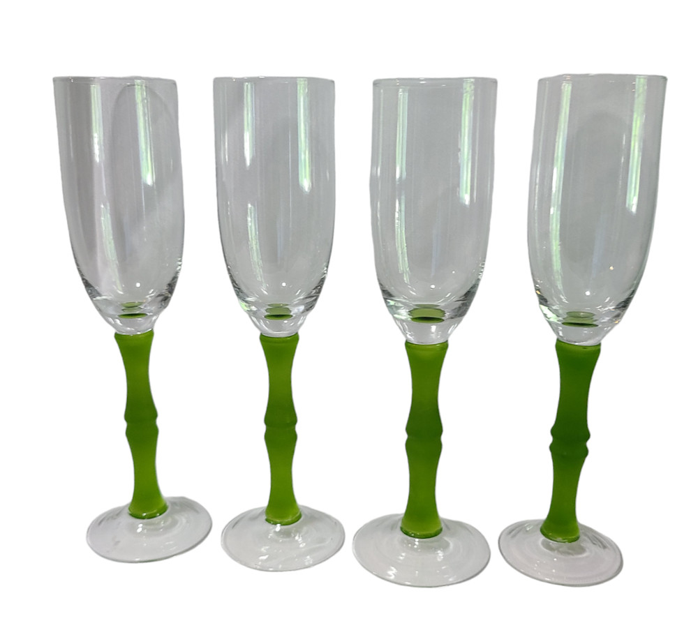 Vintage Set of 4 Frosted Green Glass Bamboo Stem Wine Glasses 9.75»Tall #S1