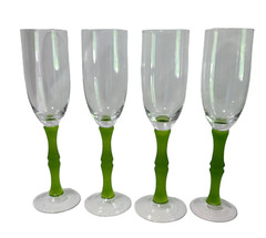 Vintage Set of 4 Frosted Green Glass Bamboo Stem Wine Glasses 9.75»Tall #S1