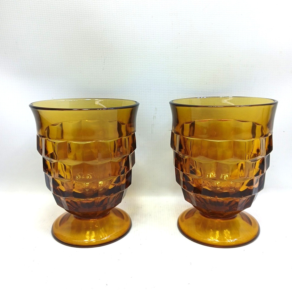 Lot of 2~Vtg Indiana Glass Whitehall Cubist Amber Small Glass 10 oz Footed 4.25”