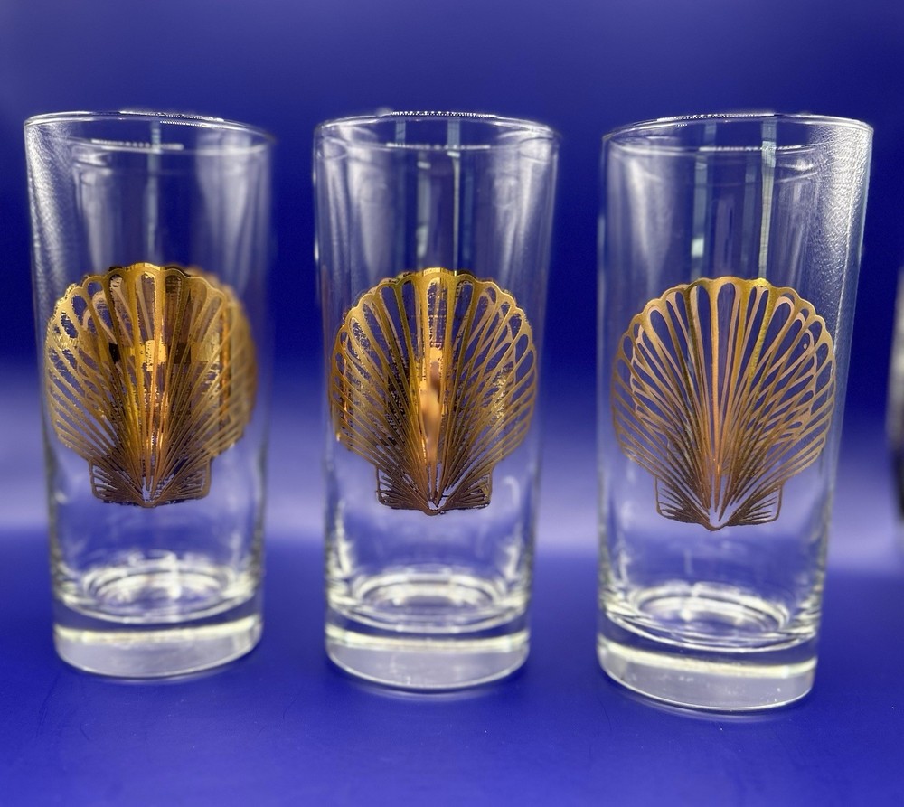 Culver 22Kt Gold Seashell Clear Highball Glasses Set Of 3 MCM Vintage Coastal