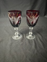 2-Vintage Bohemian Ruby Cut to Clear Crystal Sherry Glass Red 51/2″ Tall 3.6 oz