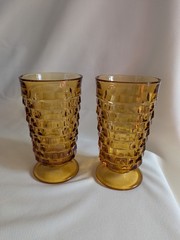 Set 2 Vintage Indiana Whitehall Colony Cubist Amber 6” Footed Iced Tea Glasses