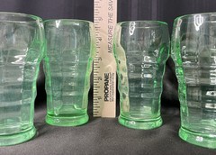 Green Depression Glass Soda Fountain Or Restaurant Ware Glasses Set Of 4 GLOWS