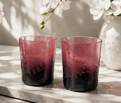 Vintage Amethyst Glass Tumblers Hand Etched Botanical Leaf Pattern Set Of 2