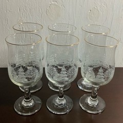 Vintage 80s Libbey Winter White Pine Trees Snow 6 Wine Goblets Glasses Gold Trim