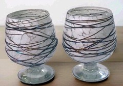 2 Dottie Boscamp Style Blown Art Glass Footed Glasses White Purple Iridescent