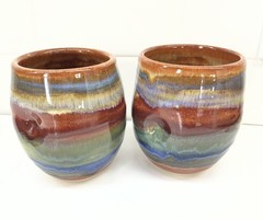 Earth & Iron Handmade Signed Pottery Thumbprint Indented 12Oz Glasses Set/2 2018