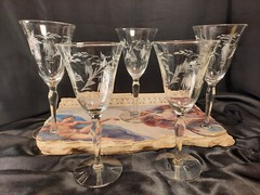 5 Vintage Trumpet Optic Rib Water/Wine Glasses Goblets w/Pendant Floral Cut