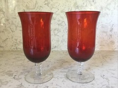 Ruby Red & Clear Swirl Stem Bell Shaped Water/Iced Tea Glasses Set of Two 16 oz