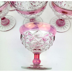 Vintage Indiana Glass Diamond Ruby Rim Fruit Dessert Pedestal Dish Set of 9