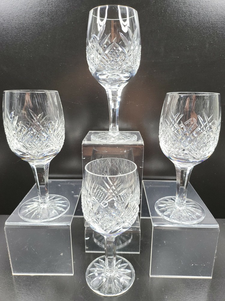 4 Astral Diane Wine Glasses Set 6″ Crystal Criss Cross Cut Etched Facet Stem Lot