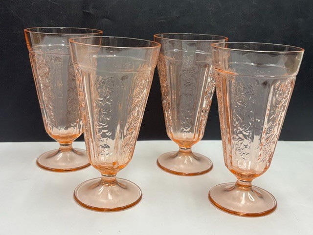 x4 Federal Depression Glass Pink Sharon Cabbage Rose 15oz Footed Tumblers 6-3/4″
