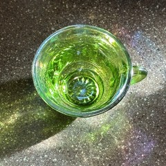 VTG Iridescent Green Glass Cup – Embossed Leaf Pattern – Carnival Glass 2.25”T