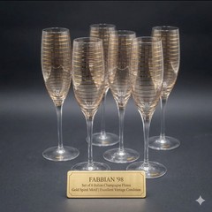 6 FABBIAN 98 Italian Champagne Flutes Gold Spiral Stripe MCM Murano Style Design