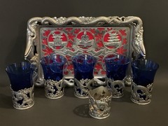 5 Vintage Cobalt Blue Cordial glasses w Tray Art Deco Silver Color Tray 4”