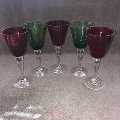 Set of 5 Red And Green Water Wine Glasses Goblets Bell Shaped Stem 8 1/4” Tall