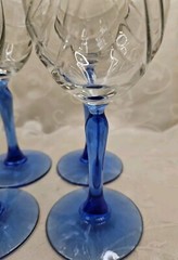 Crystal Wine Goblets Blue Stem Clear Bowl Gold Tone Rim Ribbed Glasses Set of 4