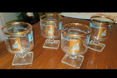 (8) Footed Libbey Southern Comfort Rocks Glasses Vintage Steamboat 22kt Gold
